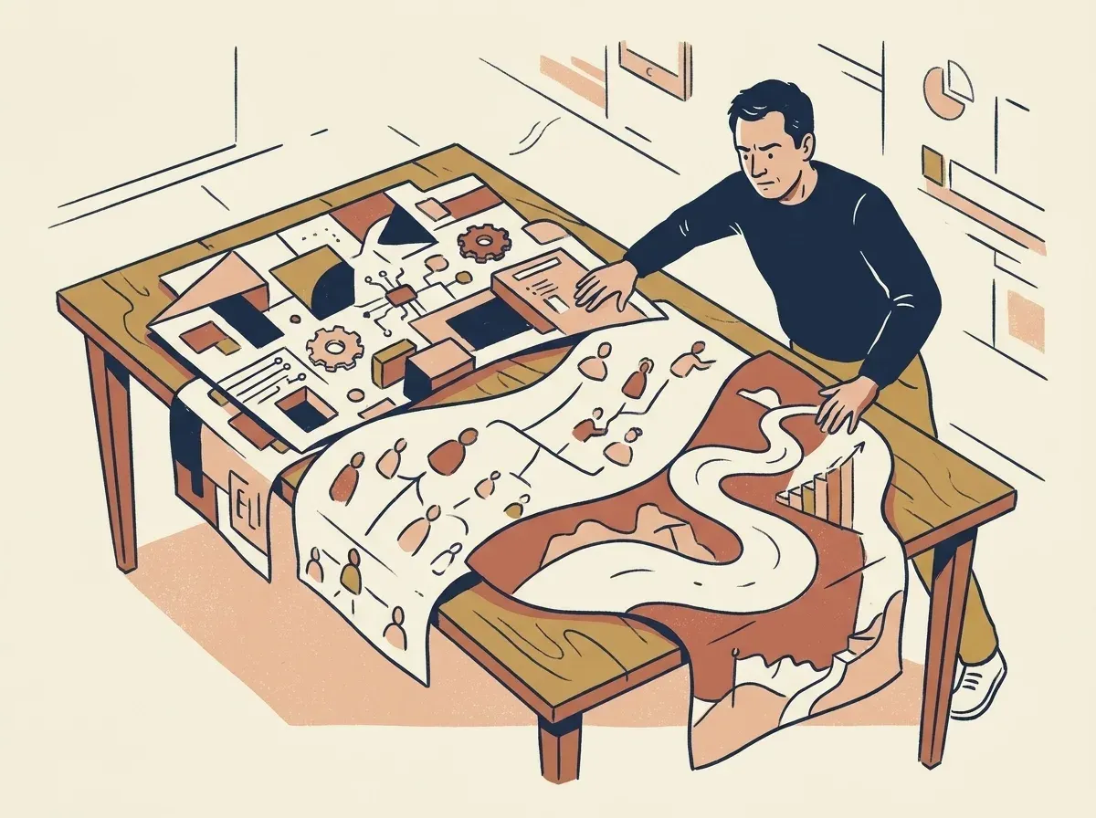 A founder aligning a product map, an org map, and a company story on one table