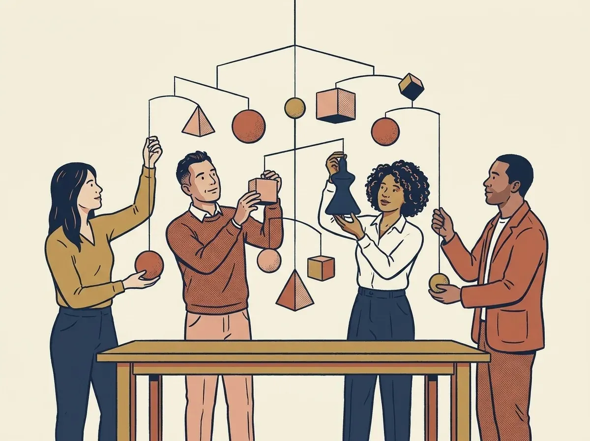 Four leaders balancing separate shapes into one steady mobile